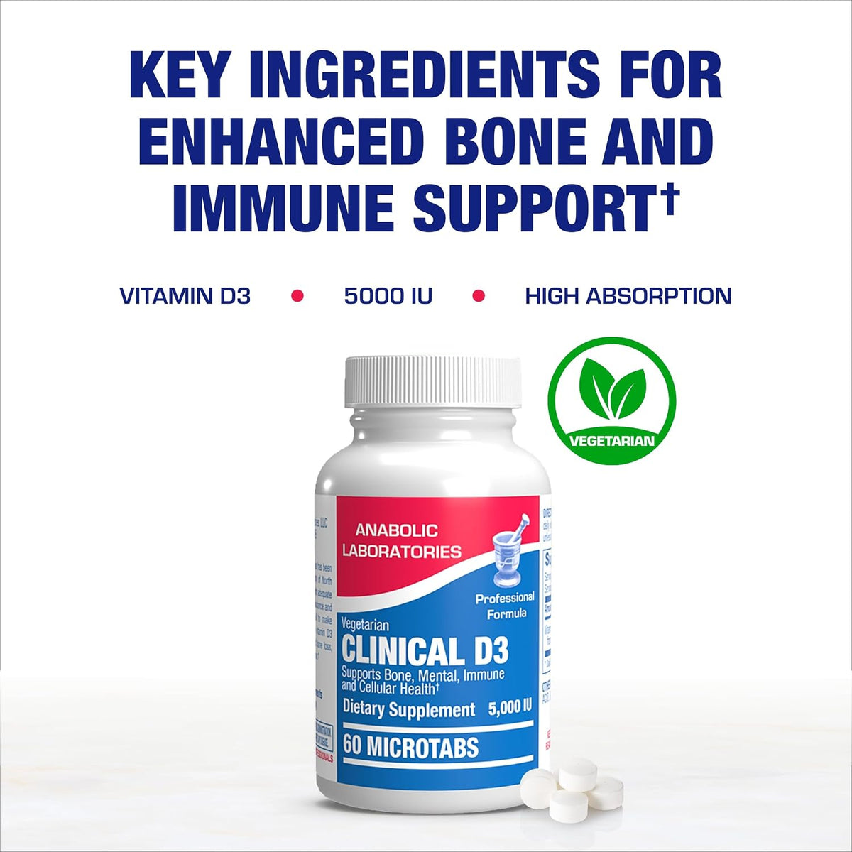 High Strength Vitamin D3 5000 IU - Clinical Formula Vitamin D Supplement for Men and Women for Bone Teeth Muscle Mood and Immune Support - High Absorption Vegetarian Microtabs (60 Day Supply)