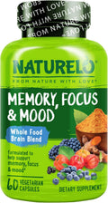 NATURELO Whole Food Brain Supplement - Brain Health Supplements for Memory & Focus Support - Enhance Brain Health Blend Supplement for Adults - 60 Vegetarian Capsules