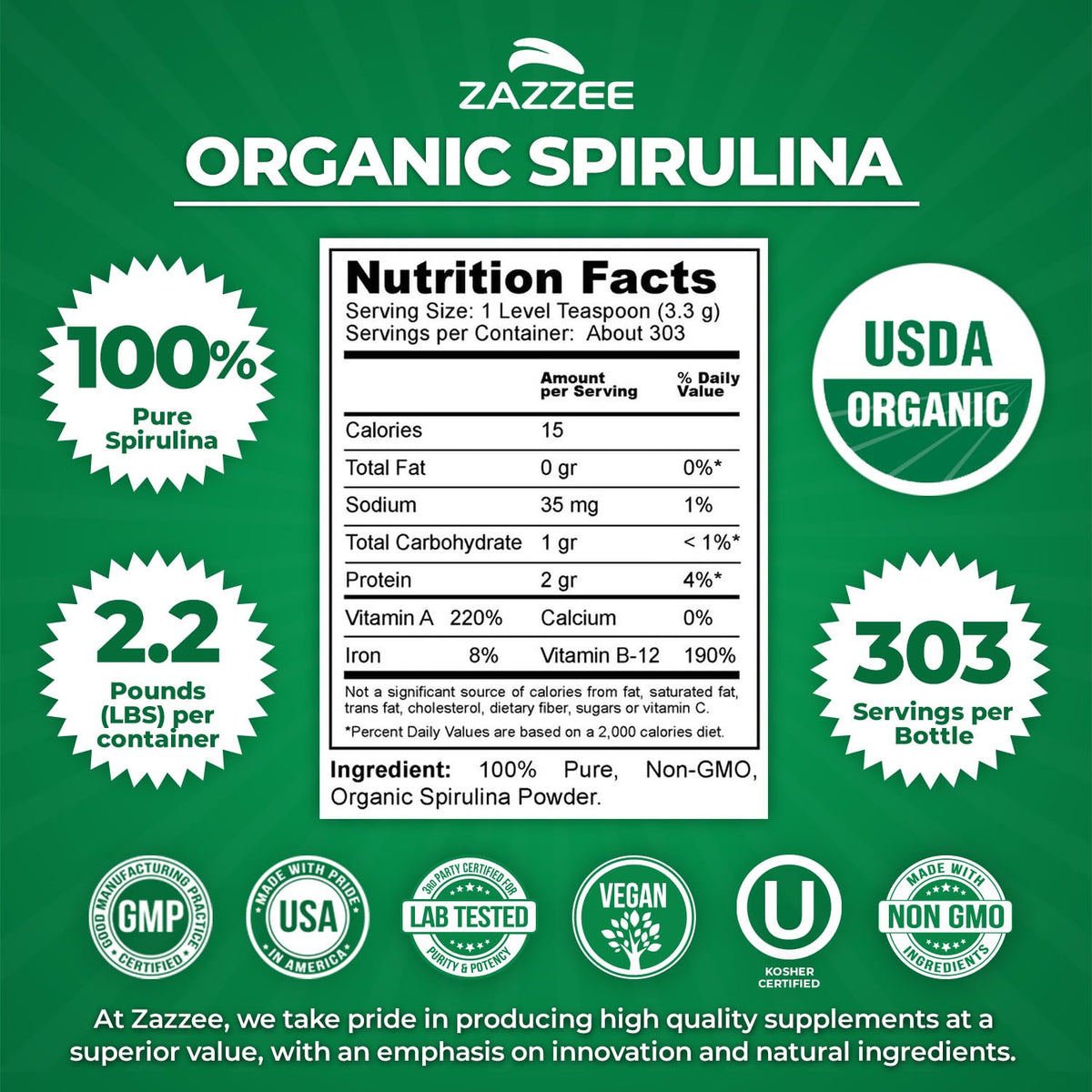 Zazzee USDA Organic Spirulina Powder, 2.2 Pounds (1 KG), 303 Servings, Certified Kosher, 100% Pure, Non-Irradiated, Mess-Free Wide Mouth Container, Fresh Smell and Neutral Taste, Non-GMO, Made in USA