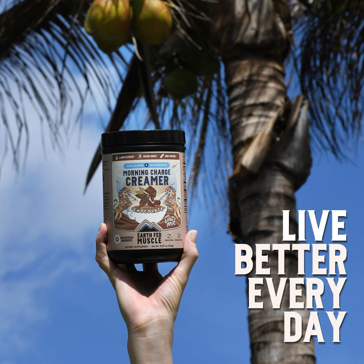 Earth Fed Muscle Vanilla Protein Coffee Creamer Powder, 24 Servings | Collagen Peptides, Lion's Mane, Coconut Milk, Non-Dairy, Morning Charge - Focus + Joint Support