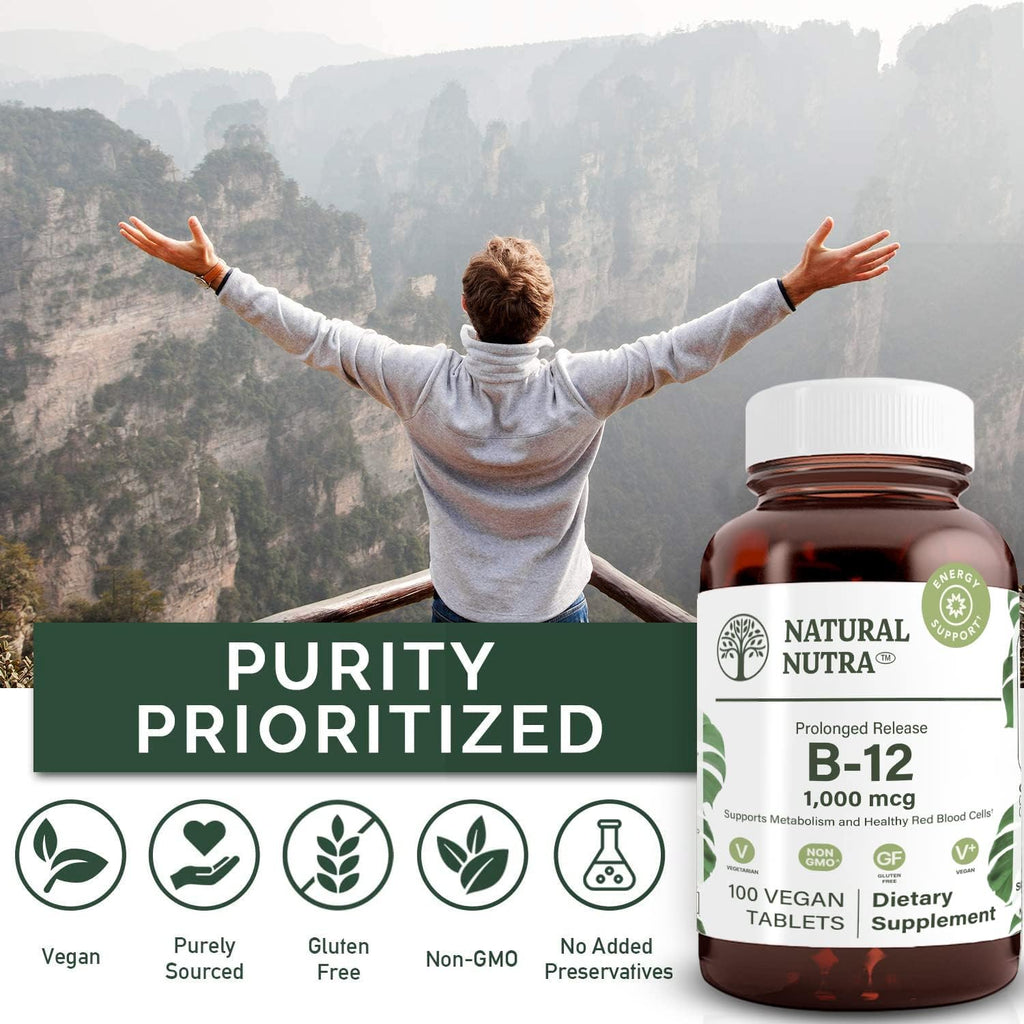 Natural Nutra Vitamin B12 1000 mcg, 100 Vegan Tablets | Promote Heart & Nerve Health, Cobalamin B12 Supplement, Help in Metabolism Health, Optimal Absorption, Gluten-Free,Sugar-Free