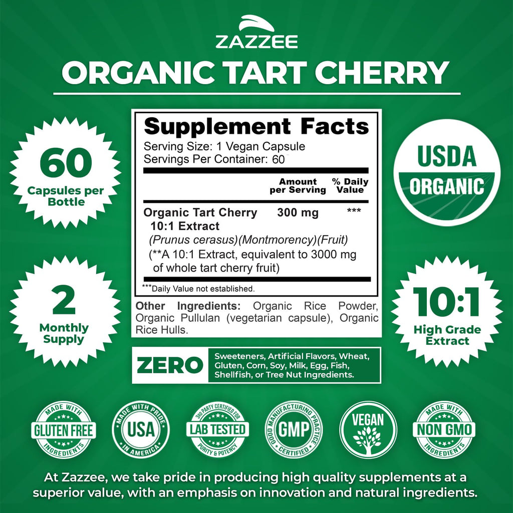 Zazzee USDA Organic Tart Cherry 10:1 Extract, 120 Vegan Capsules, 4 Month Supply, Montmorency Cherry, Daily Wellness Antioxidant Support, Organic Herbal Supplement, All-Natural, Non-GMO, Made in USA