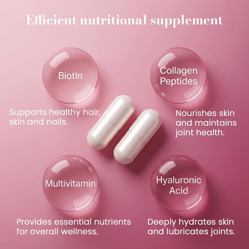 Hair Skin & Nails Vitamins Supplement for Women,with Biotin,Collagen Peptides,Hyaluronic Acid,Vitamin A, C, E, B5,B6,Support Skin Moisture and Suppleness,Hair and Nails Health,120 Capsules