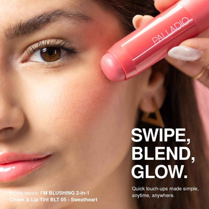 Palladio I'm Blushing 2-in-1 Cheek and Lip Tint, Buildable Lightweight Cream Blush, Sheer Multi Stick Hydrating formula, All day wear, Easy Application, Shimmery, Blends Perfectly onto Skin, Darling