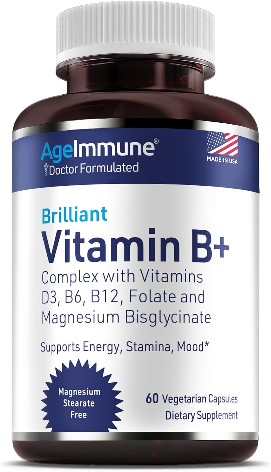 AgeImmune Vitamin B Complex with Vitamin D3 B12 B6 Magnesium Bisglycinate and Folate as Methylfolate - Doctor Formulated Methylated B Complex Supplement – 60 Capsules - Without Niacin