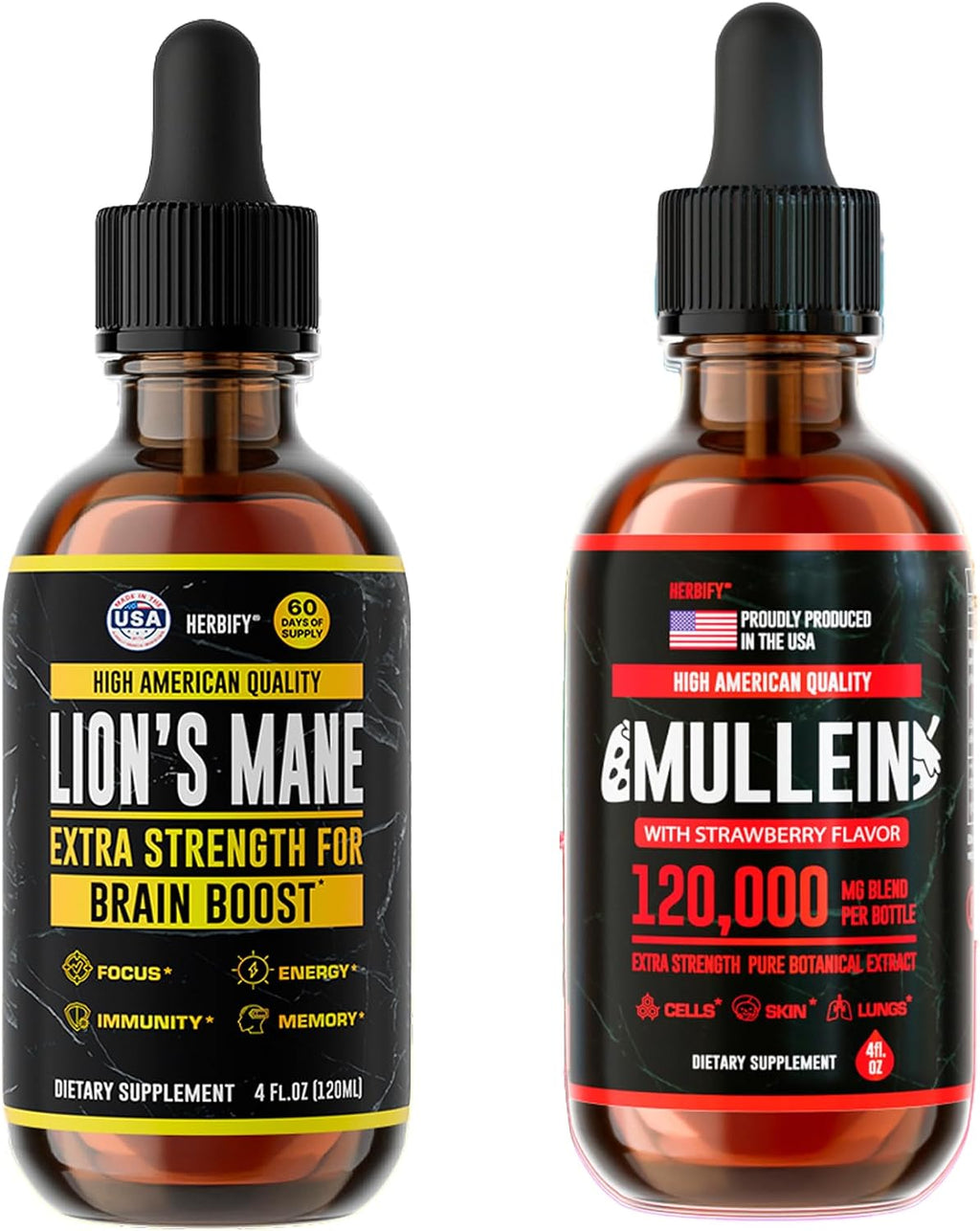 HERBIFY Bundle - Lions Mane & Mullein 4 Fl Oz Strawberry Drops - Supplement for Memory, Focus & Clarity & Immune Support, Lung Cleanse and Bronchial Support