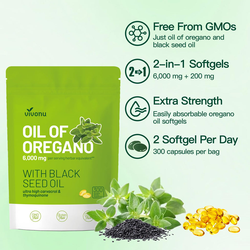 VivoNu Oil of Oregano Capsules, Balanced Oil of Oregano with Black Seed Oil, Organic OreganoOil Softgels,Carvacrol,Thymoquinone, Non-GMO (600pcs/2Bags)