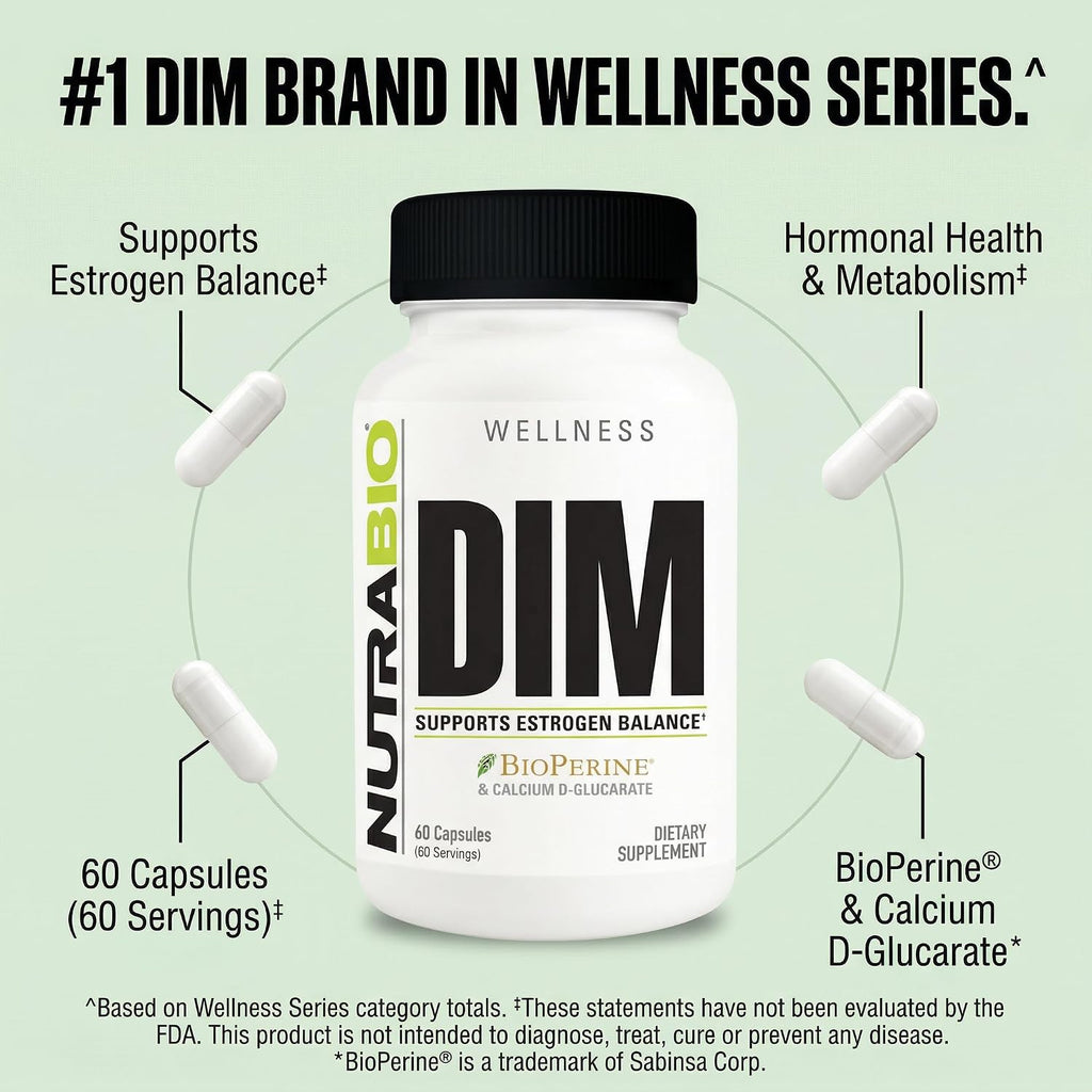 NutraBio DIM Supplement, Supports Estrogen Balance, 100mg - 60 Vegetable Capsules