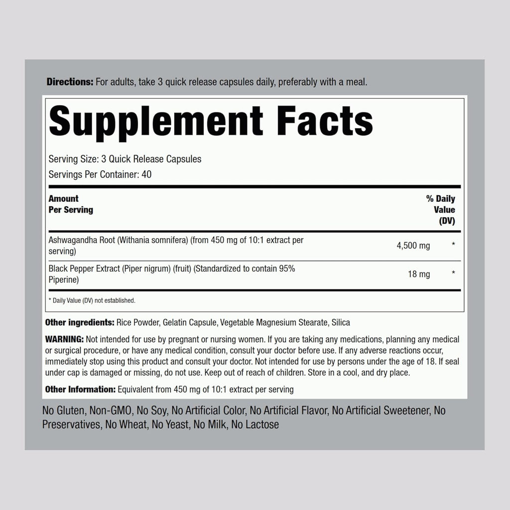 Piping Rock Ashwagandha Capsules | 120 Count | Herbal Supplement with Black Pepper Extract | for Women and Men | Non-GMO, Gluten Free