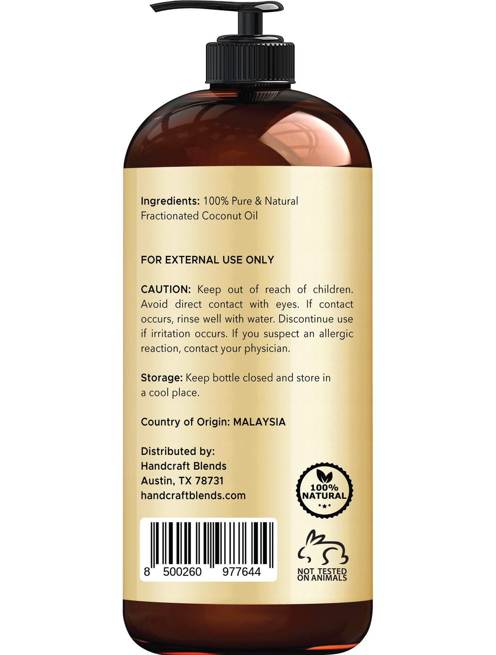 Handcraft Blends Fractionated Coconut Oil - 16 Fl Oz - 100% Pure and Natural - Premium Grade Carrier Oil for Skin, Hair and Body - Massage - Hair Tonic