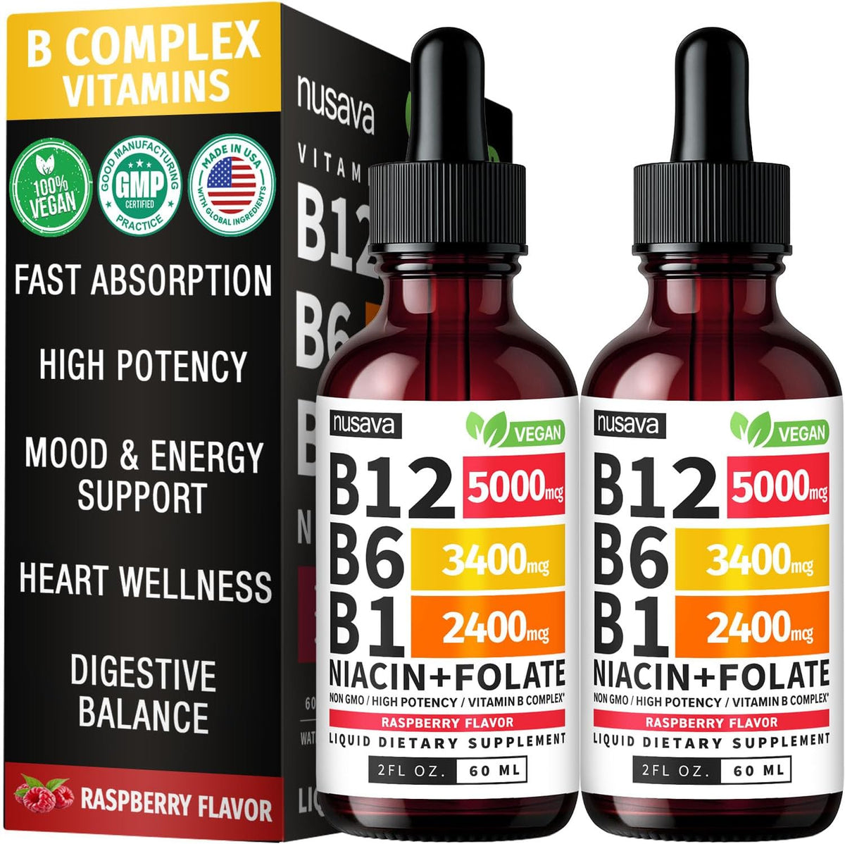 NUSAVA Vitamin B12 Liquid Drops, Strawberry Flavored D3 K2 & Vanilla Flavored D3 K2 Bundle — Daily Wellness Liquid Vitamins for Energy & Immune Support — Non-GMO, Gluten-Free, 2pk Each