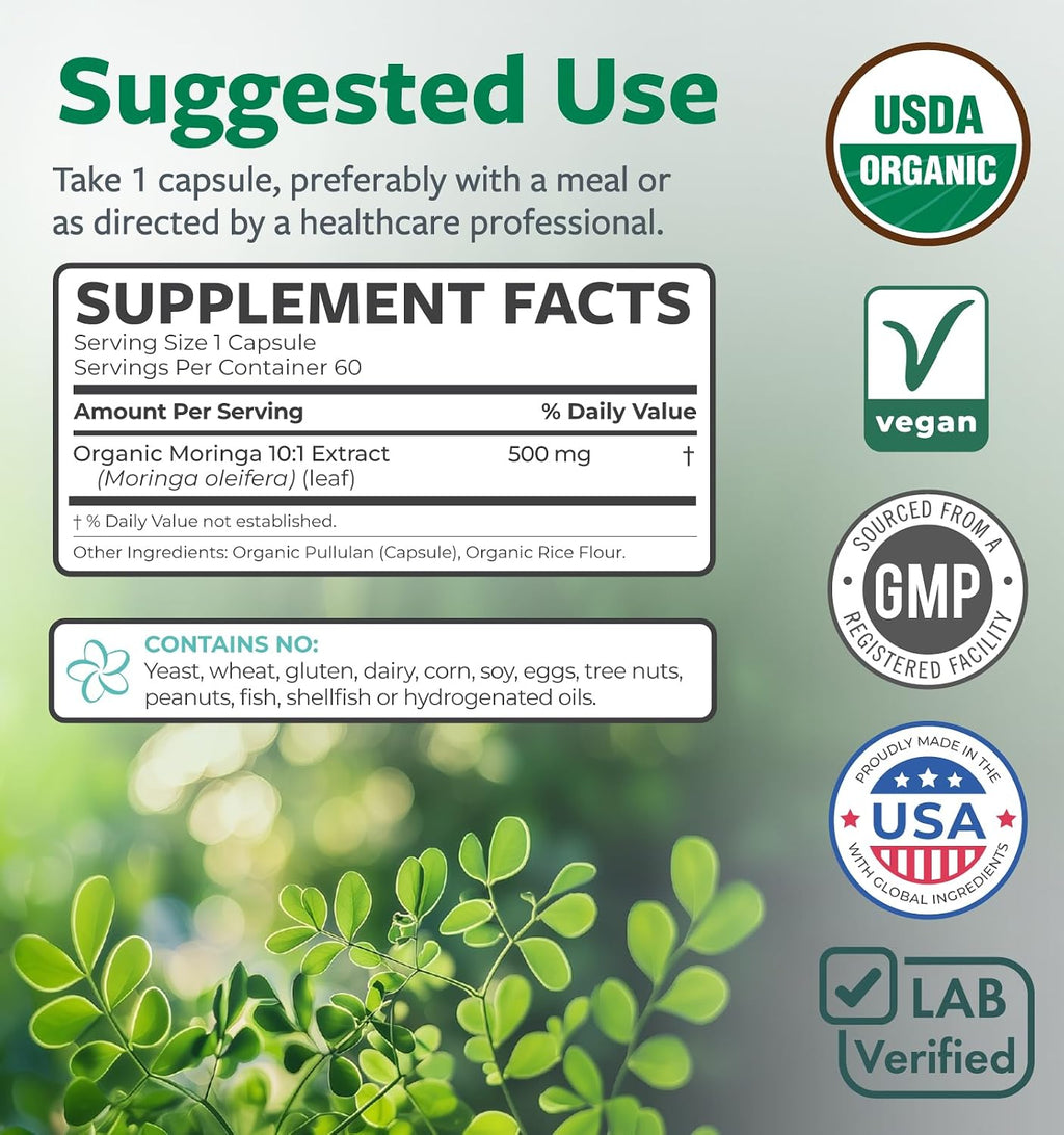 USDA Organic Moringa Capsules - High Potency Organic Moringa 500mg Extract 10:1 Per 1 Capsule Serving - Nutrient Dense Green Superfood Antioxidant - Vegan & Non-GMO Moringa (2 Month Supply)