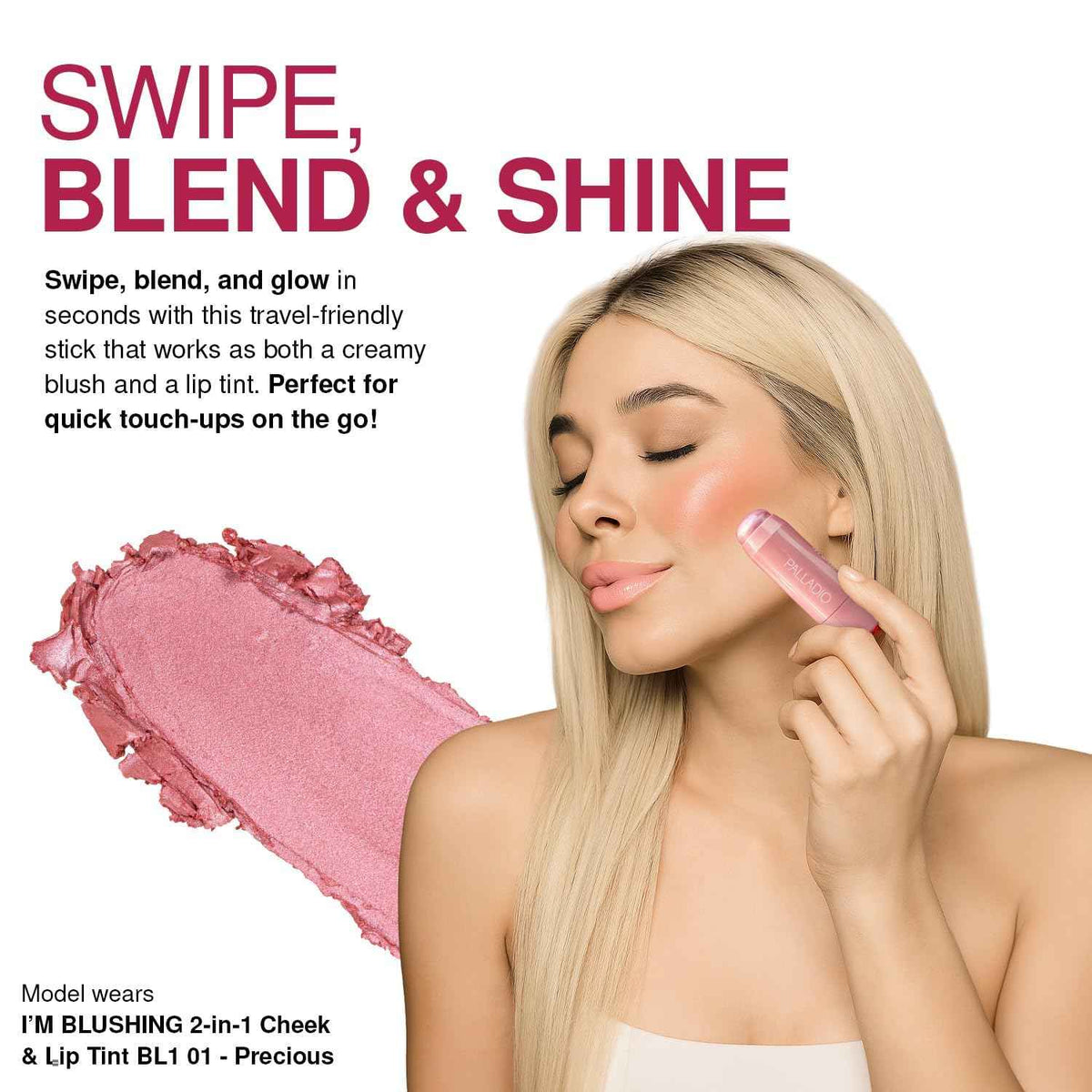 Palladio I'm Blushing 2-in-1 Cheek and Lip Tint, Buildable Lightweight Cream Blush, Sheer Multi Stick Hydrating formula, All day wear, Easy Application, Shimmery, Blends Perfectly onto Skin, Darling