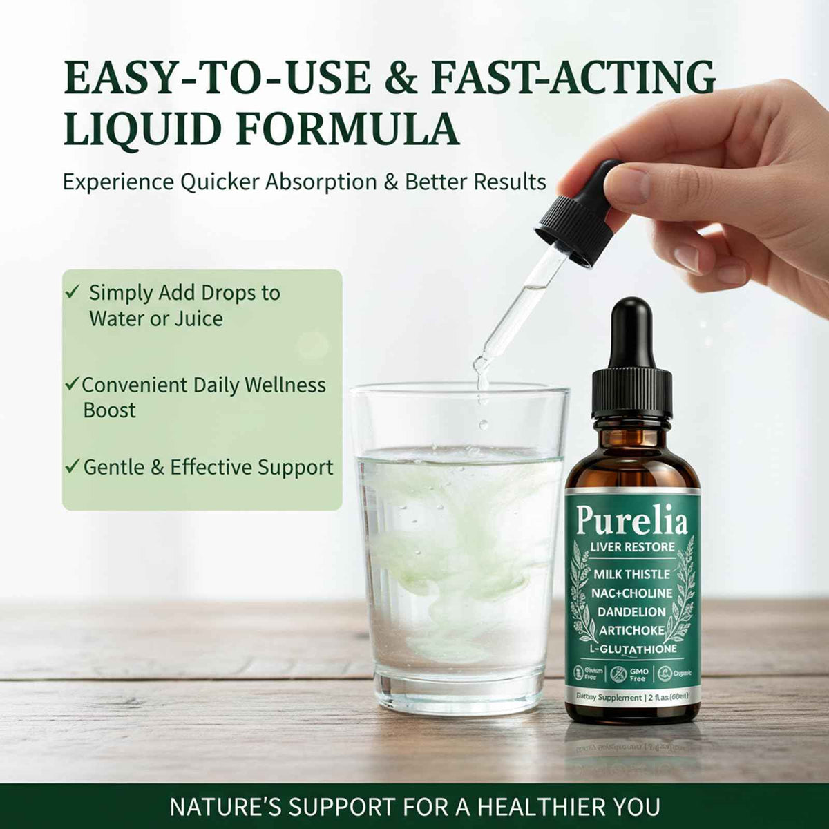 Purelia Liver Restore, 2.02FL OZ Liver Restore Drops, Complete Liver Support Supplement with Milk Thistle, Dandelion Root, L-Glutathione & Choline for Natural Balance & Liver Cleanse
