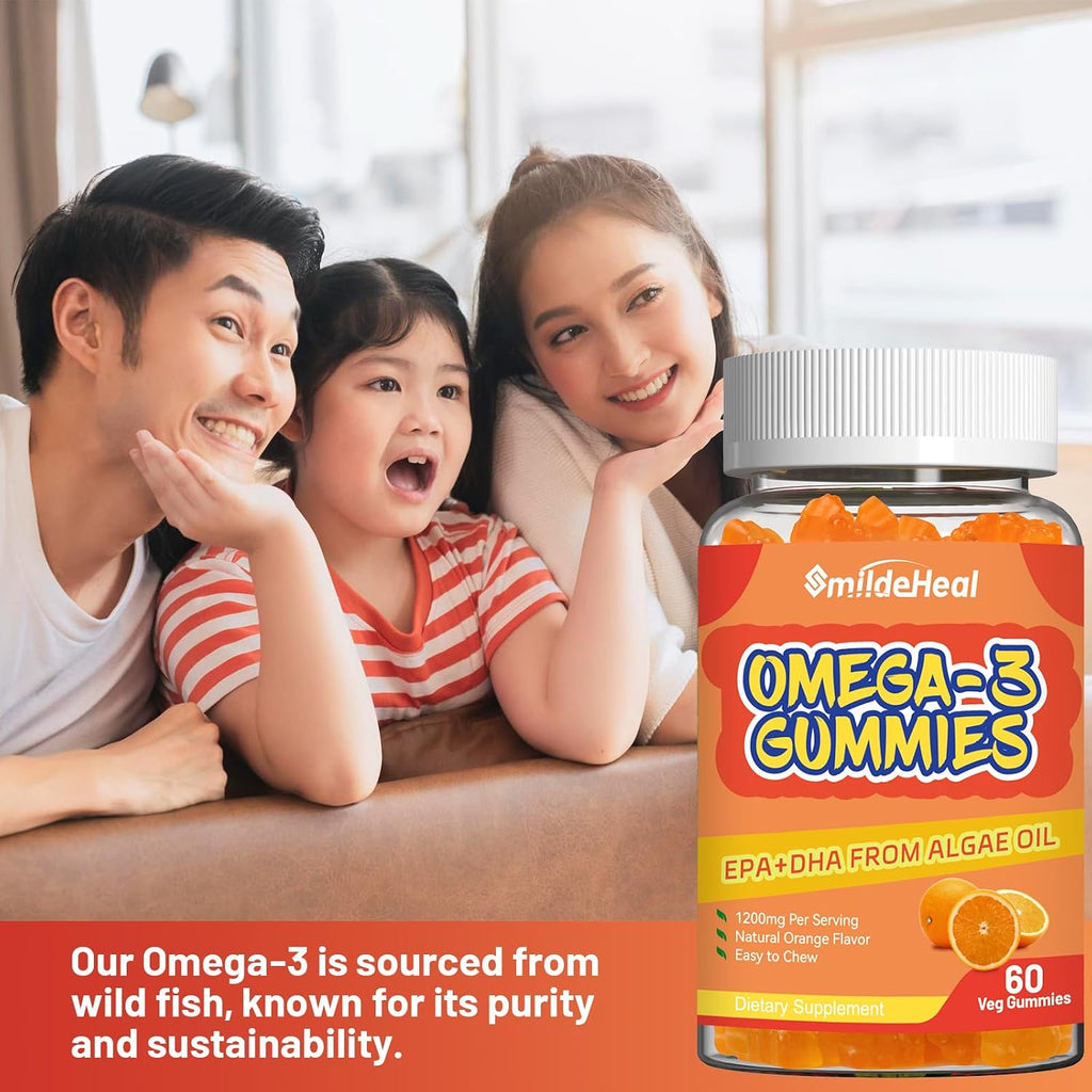 Omega 3 Gummies Supplement 1000mg, High Absorption DHA & EPA, Heart, Brain & Joint Support, Extra Strength Fish Oil Omega 3 Gummies Vitamins, 60 Count