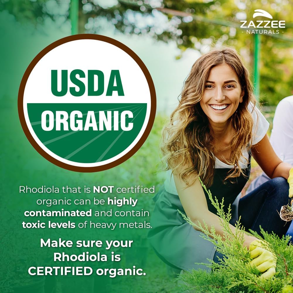 Zazzee USDA Organic Rhodiola 10:1 Extract, 120 Capsules, 4 Month Supply, Rhodiola Rosea, Energy, Stress & Mental Focus Support, Concentrated 10X Extract, All-Natural, Non-GMO, Made in the USA