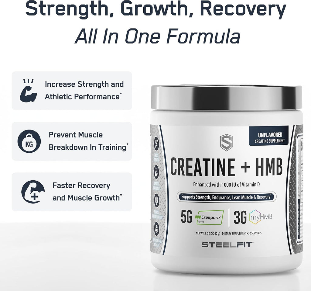 SteelFit Creatine HMB Powder - 5g Creapure Creatine Monohydrate Powder | 3g myHMB & 1000 IU Vitamin D, Workout Supplement Supports Muscle Growth, Strength, Recovery, Energy - Unflavored, 30 Servings