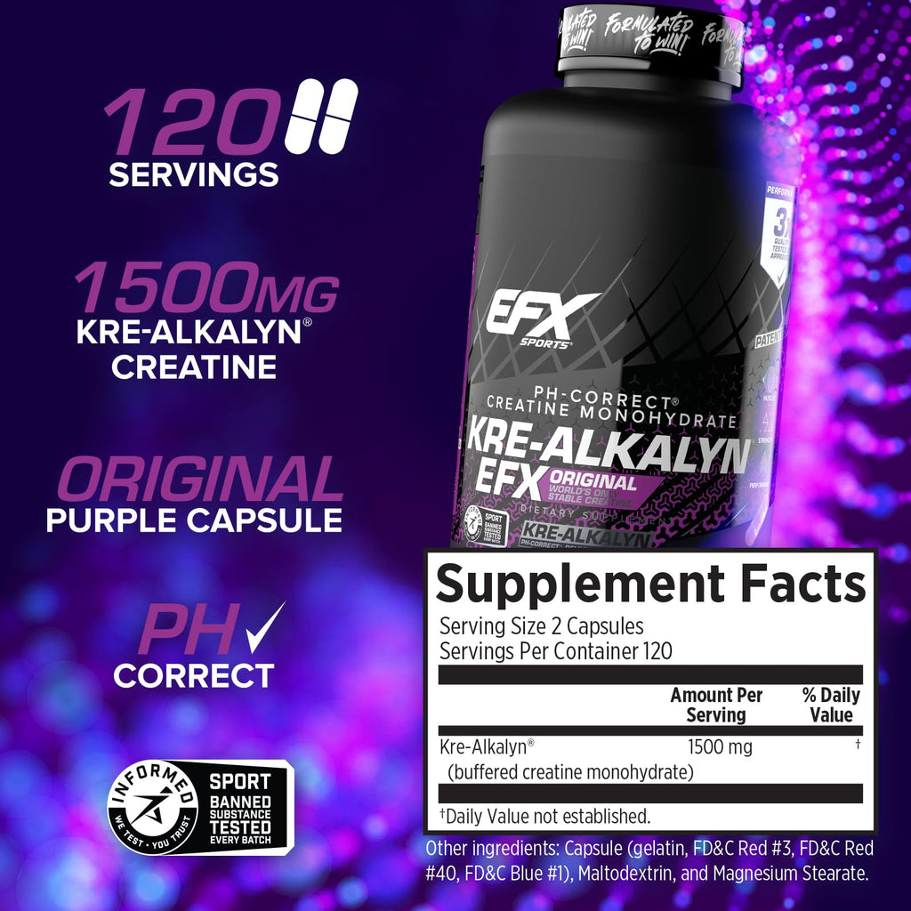 EFX Sports Kre-Alkalyn EFX | pH Correct Creatine Monohydrate Pill Supplement | Strength, Muscle Growth & Performance | 120 Servings, 240 Capsules