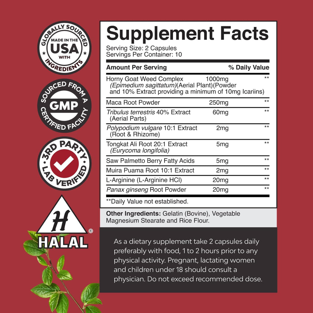 Horny Goat Weed for Male Enhancement - Testosterone Booster Supplement for Men - 1000mg per serving Complex with Tongkat Ali Saw Palmetto Extract & Panax Ginseng - Black Maca Root for Stamina & Energy