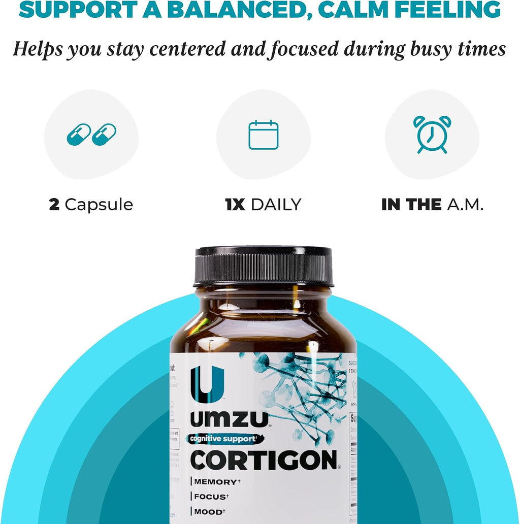 UMZU Cortigon Cortisol Support Supplement, 30 Day Supply | Ginkgo Biloba, Phosphatidylserine, Vitamins B6 and B12, Healthy Stress Response, Mood, Focus and Cognitive Support