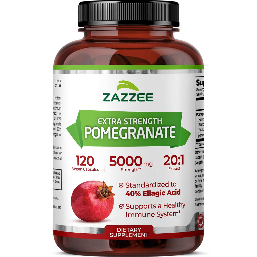 Zazzee Extra Strength Pomegranate 20:1 Extract, 40% Ellagic Acid, 120 Vegan Capsules, 4 Month Supply, Punica Granatum, Antioxidant & Cellular Health Support, Non-GMO, Made in the USA