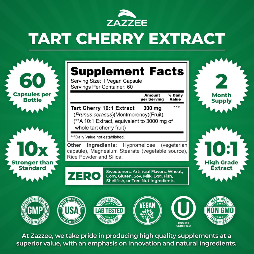 Zazzee Tart Cherry 10:1 Extract, 200 Vegan Capsules, 6+ Month Supply, Montmorency Cherry, Certified Kosher, Joint & Uric Acid Support, Antioxidant Support Formula, Non-GMO, Made in the USA