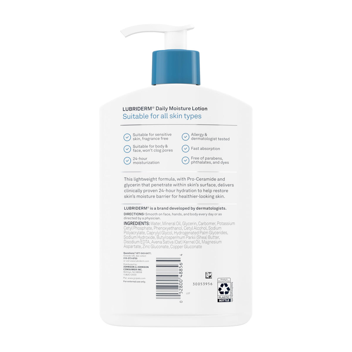 Lubriderm Fragrance Free Daily Moisture Lotion + Pro-Ceramide, Shea Butter & Glycerin, Face, Hand & Body Lotion for Sensitive Skin