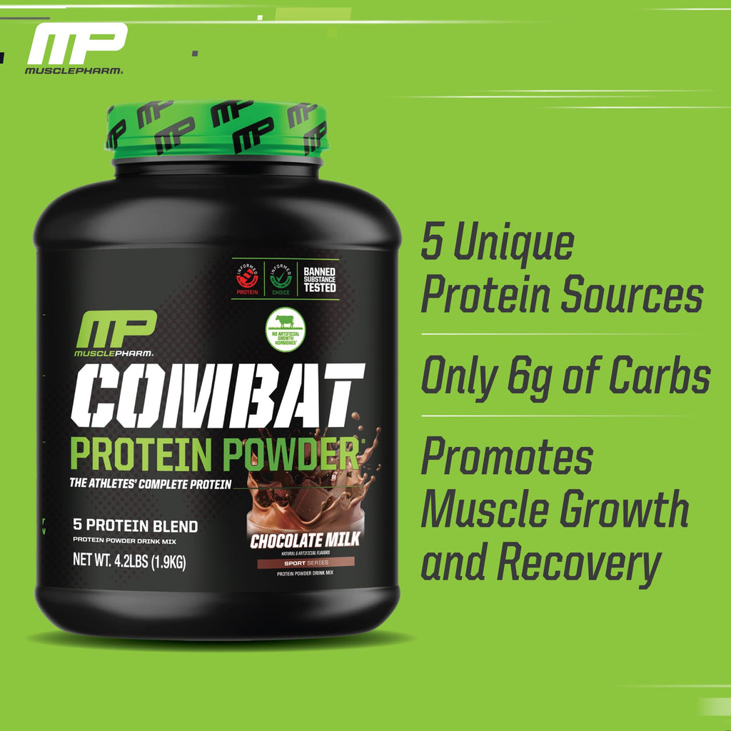 MusclePharm Combat Protein Powder, Chocolate Milk Flavor, Fuels Muscles for Productive Workouts, 5 Protein Sources including Whey Protein Isolate & Egg Albumin, Gluten Free, 4.2 lb, 52 Servings