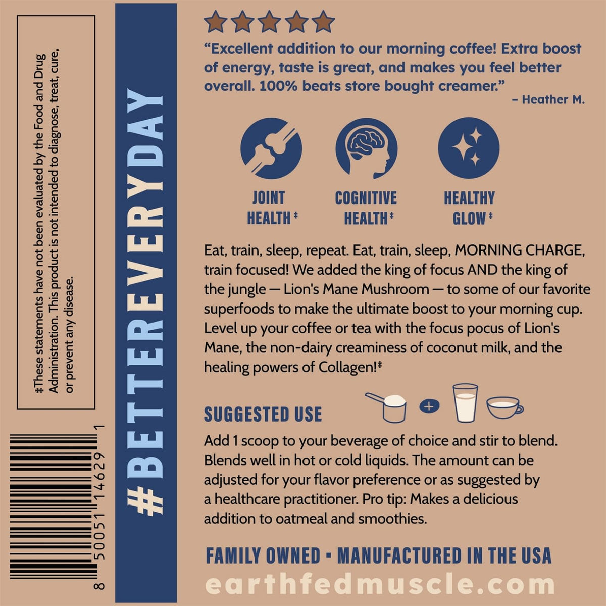 Earth Fed Muscle Vanilla Protein Coffee Creamer Powder, 24 Servings | Collagen Peptides, Lion's Mane, Coconut Milk, Non-Dairy, Morning Charge - Focus + Joint Support