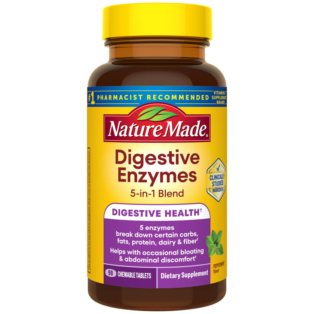 Nature Made Digestive Enzymes 5-in-1 Blend, Digestive Health Support, 90 Chewable Tablets, 30 Day Supply
