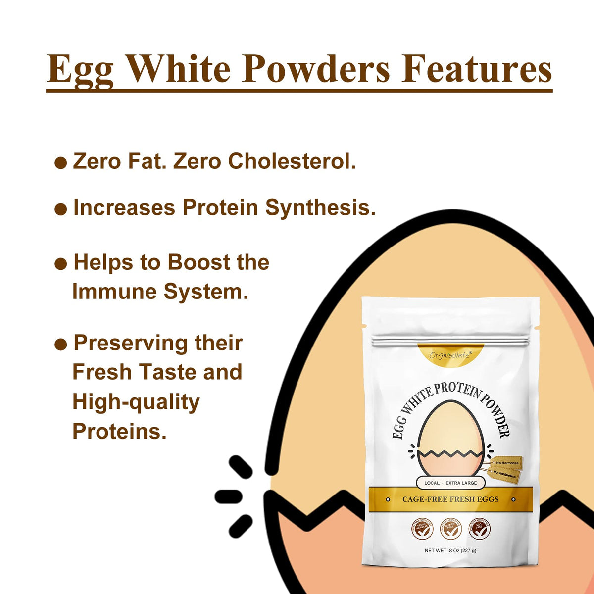 Orgnisulmte Egg White Protein Powder 8 Oz, Pasteurized Dried Egg Whites Protein, Gluten-Free, Non-GMO, Unflavored, Free Range High Whip for Baking, Desserts 227g