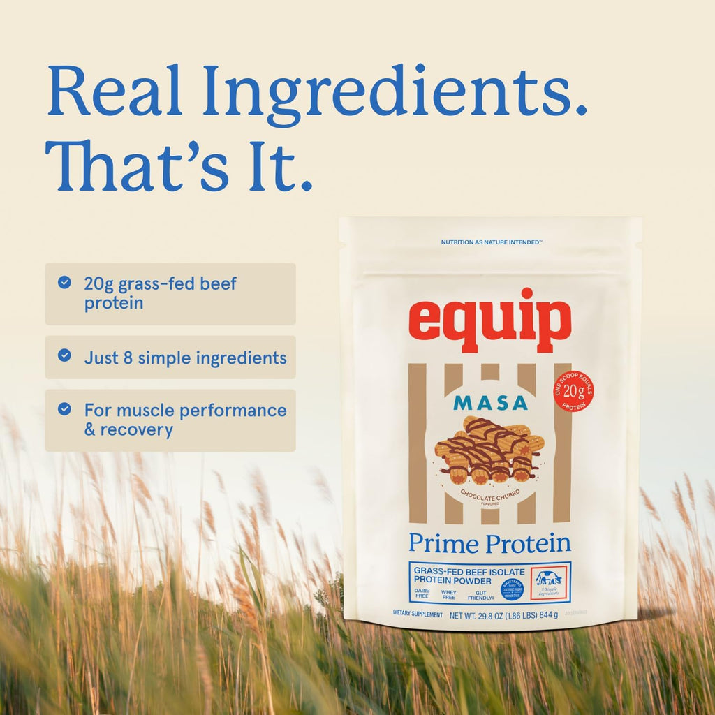 Equip Prime Chocolate Churro Protein Powder - Gut-Friendly, No Sugar Protein Shake Powder with Grass-Fed Beef & Natural Collagen - Rich & Creamy Mix - 21g Per Serving - Whey & Dairy-Free (30 Scoops)