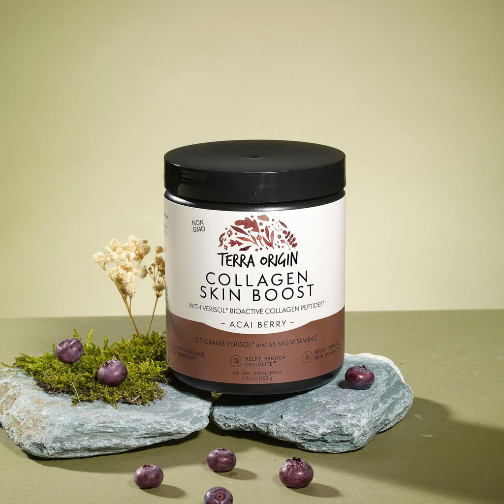 TERRA ORIGIN Collagen Hydrolyzed Peptide Powder | Supports Healthy Skin, Hair, and Nails | with Verisol and Vitamin C for Women and Men | Acai Berry