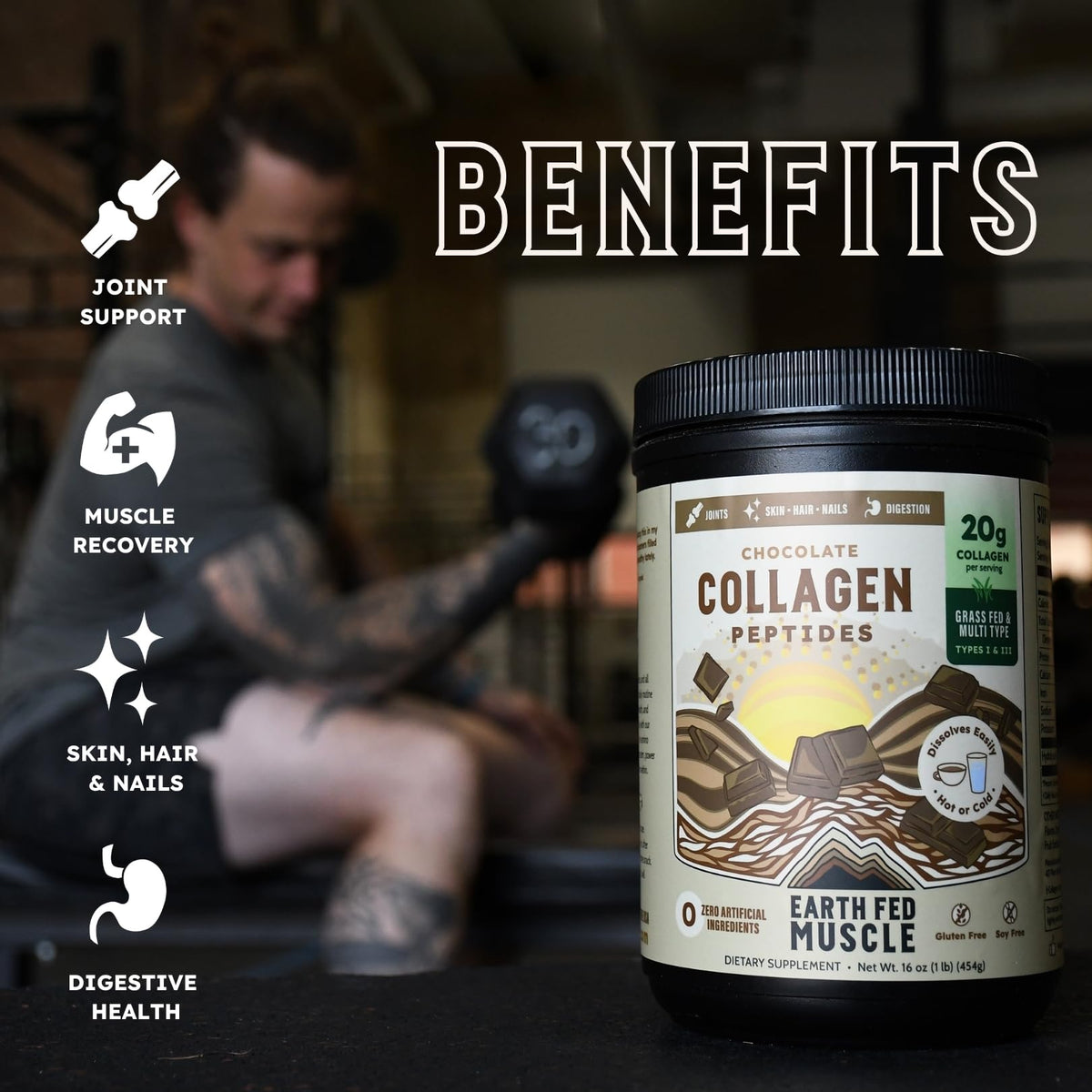 Earth Fed Muscle Collagen Peptides, Unflavored, 23 Servings | Third-Party Certified, 20g Protein, Grass Fed, Non-GMO, Hormone Free, Gluten Free, Multi-Type