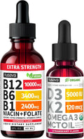 NUSAVA (2 Pack) Extra Strength Liquid Vitamin B12 Sublingual Vitamin B Complex (Raspberry) - (2-Pack) Vitamin D3 K2 Drops, B12 5000 mcg Sublingual, D3 5000 IU with MCT Oil and Omega 3 (Strawberry)