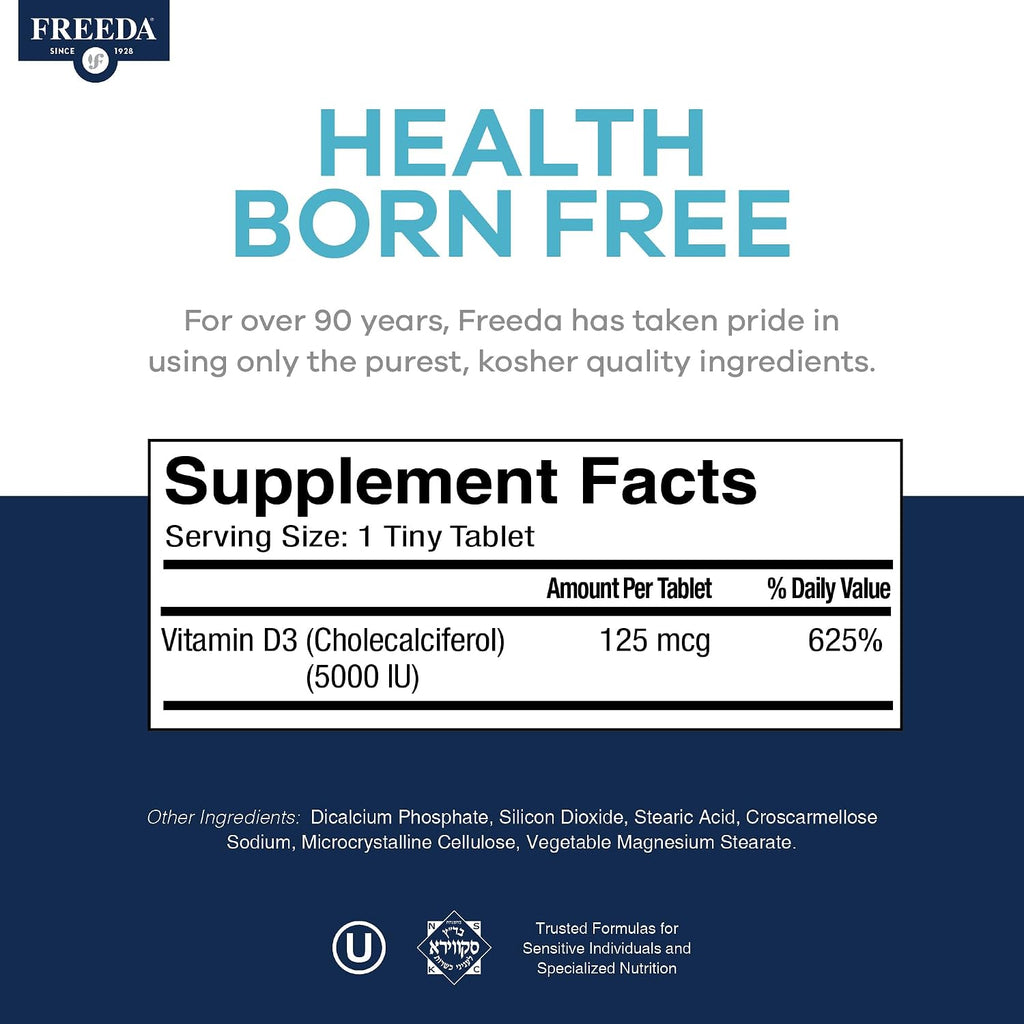 FREEDA Vitamin D3-5000 IU - Pure High Potency Kosher Supplement Tablets - Bone and Muscle Health, Calcium Absorption, Immune Support for Men and Women* - 250 Count | High Potency Vitamin D3 Supplement with 5000 IU Tablets - Support Bone Health, Muscle Fun