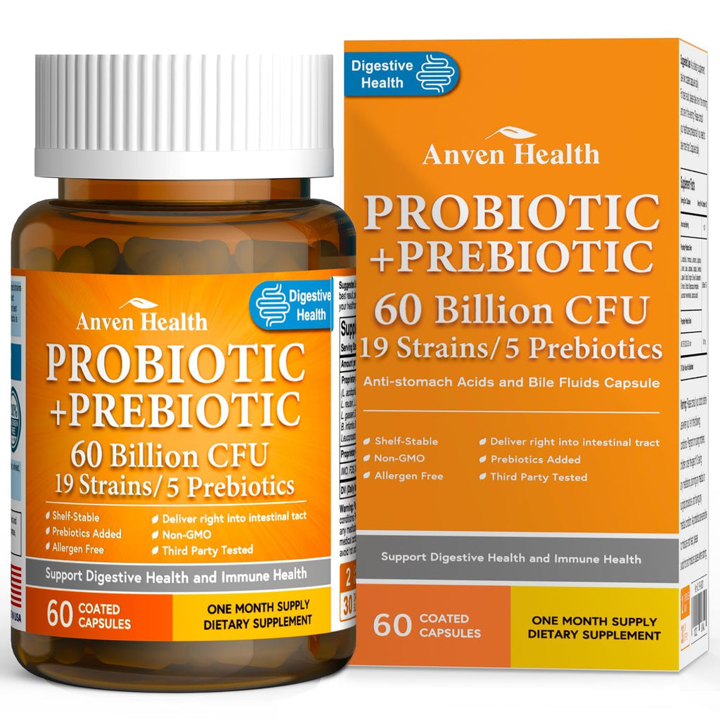 Anven Health 60 Billion Probiotic and Prebiotic for Women and Men - 19 Strains 5 Organic Prebiotics for Gut Digestive & Immune Health, Supports Diarrhea Gas Bloating, Non-GMO – Made in USA丨60 Caps