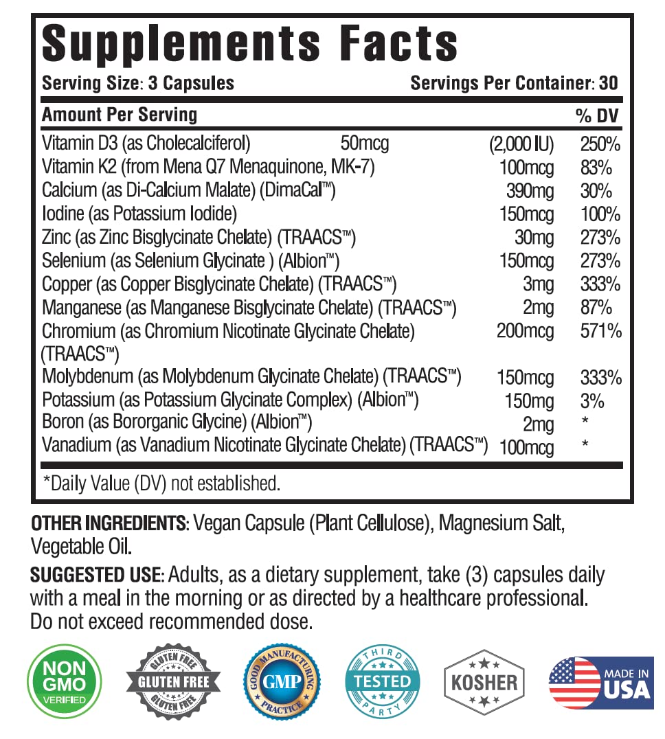 KAPPA NUTRITION (90 Capsules,Vitamin K2, Vitamin D3, Zinc, Selenium, Vanadium, Copper, Manganese, Potassium, Molybdenum, Calcium, Chromium, Iodine, Boron, Mineral 13 in 1 Advanced Complex, from KAPPA NUTRITIONBuy Supplements Australia