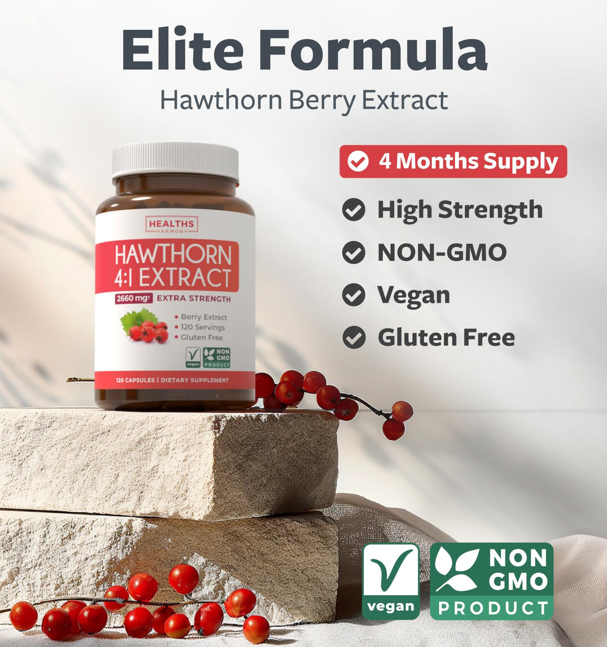 Super Potent Hawthorn Berry Extract Capsules - Hawthorn Berry Supplement Made from Extra Strength Concentrate to Support Heart and Digestive Health - Vegan Non-GMO & Gluten Free (4 Month Supply)