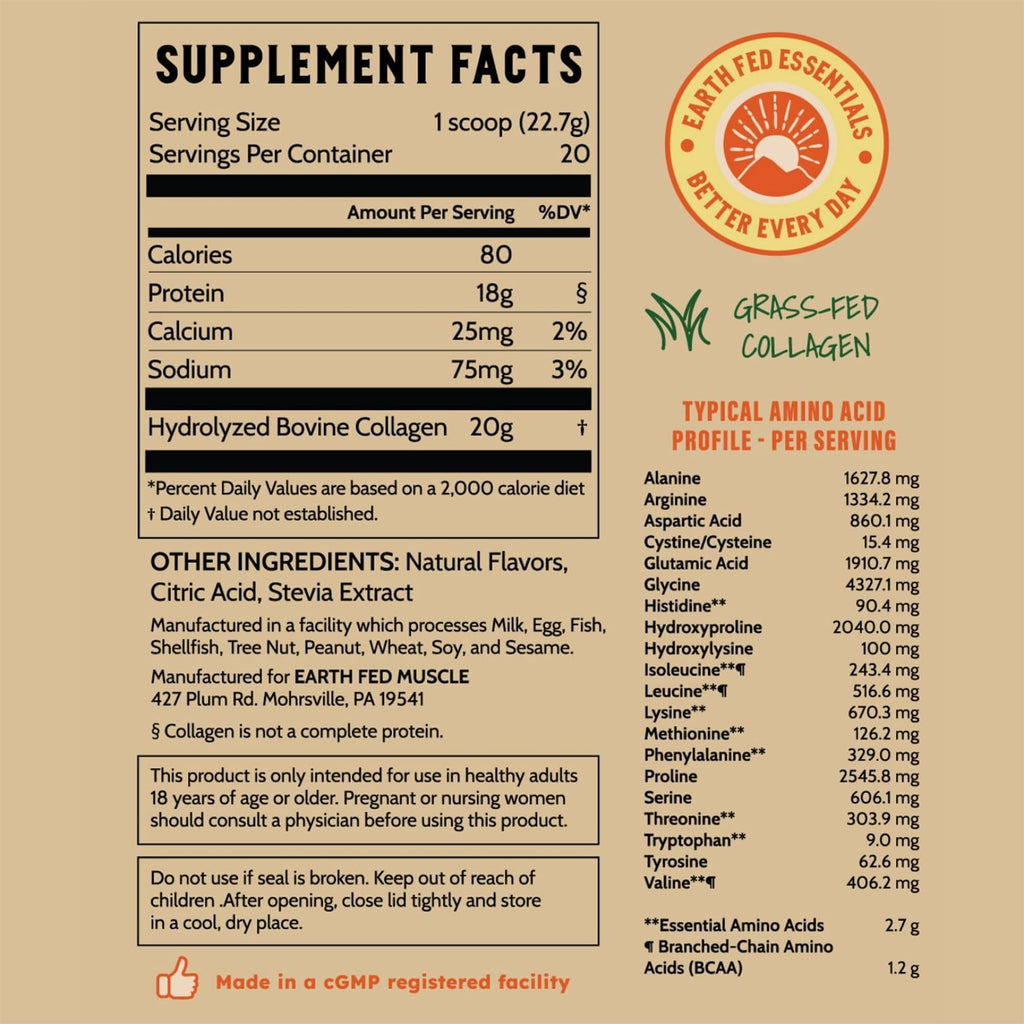 Earth Fed Muscle Collagen Peptides, Unflavored, 23 Servings | Third-Party Certified, 20g Protein, Grass Fed, Non-GMO, Hormone Free, Gluten Free, Multi-Type