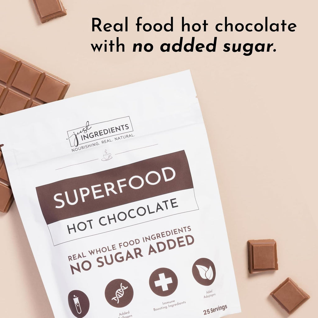 JUST INGREDIENTS Superfood Hot Chocolate Powder - Collagen, Cacao, Ashwagandha, Turmeric, 25 Servings