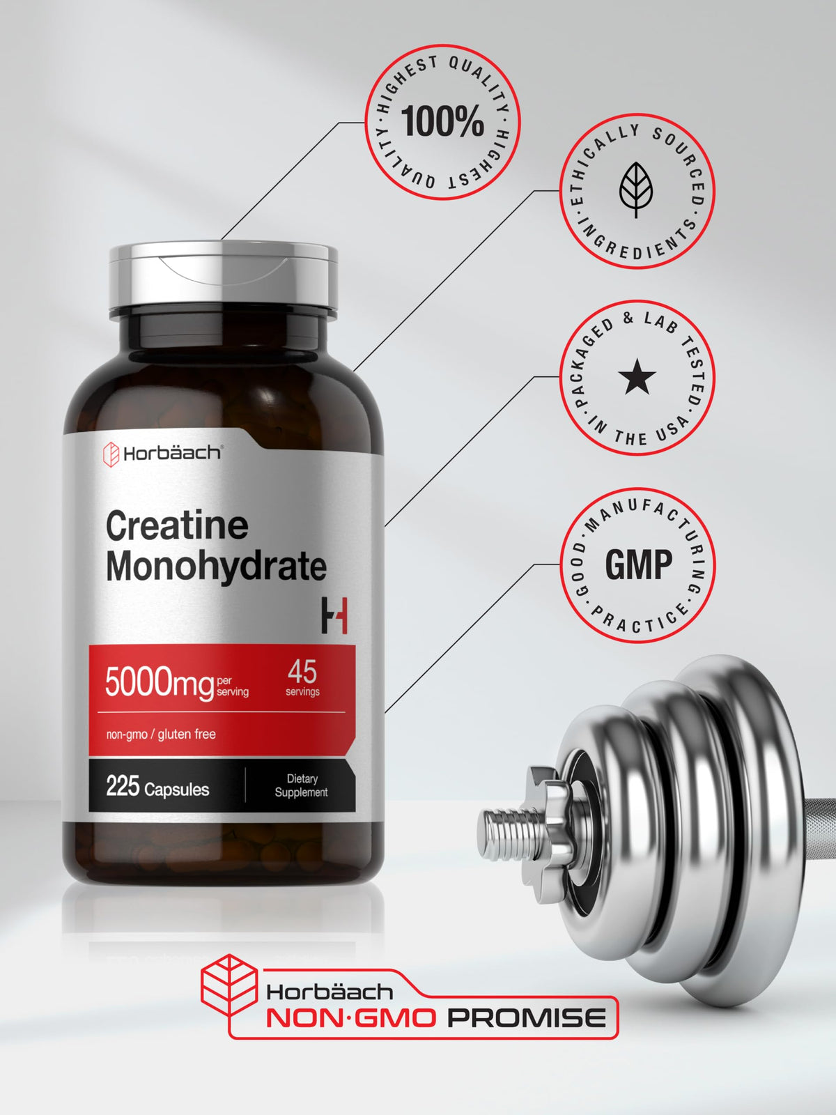 Horbäach Creatine Monohydrate | 5g | 225 Capsules | Non-GMO, Gluten Free Supplement