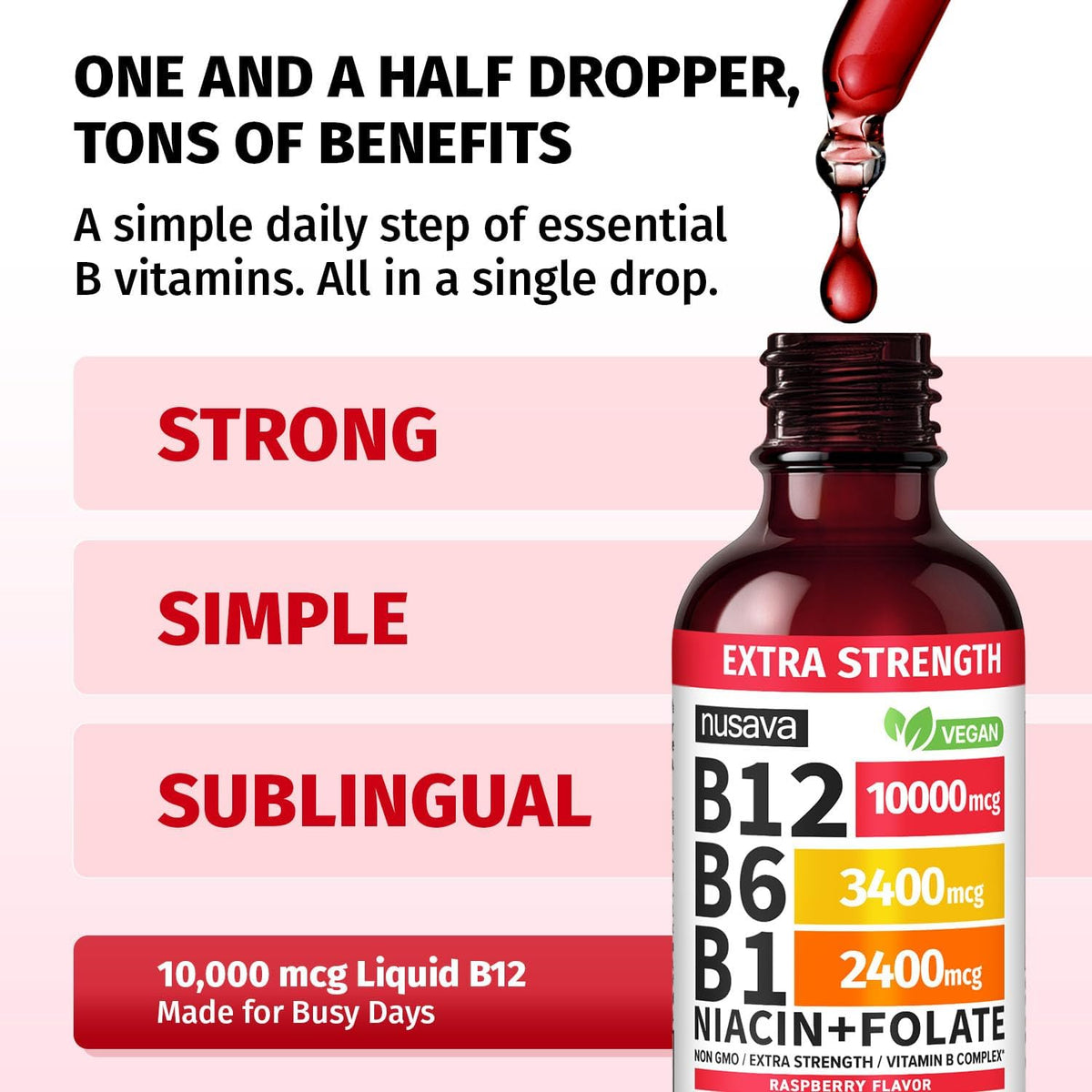 NUSAVA (2 Pack) Extra Strength Liquid Vitamin B12 Sublingual Vitamin B Complex (Raspberry) - (2-Pack) Vitamin D3 K2 Drops, B12 5000 mcg Sublingual, D3 5000 IU with MCT Oil and Omega 3 (Strawberry)