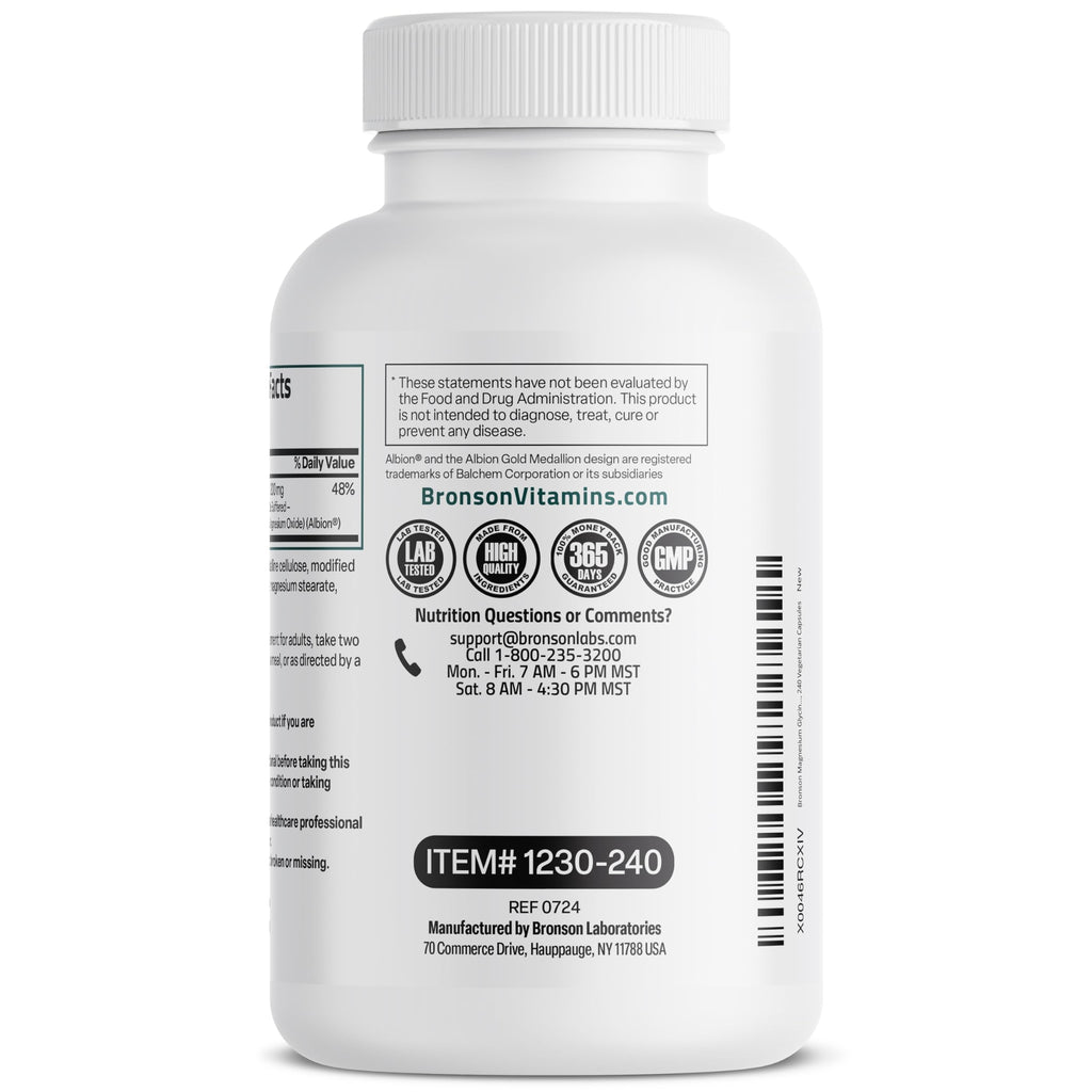 Bronson Magnesium Glycinate 200 MG Chelated High Absorption, 60 Capsules | Stress Relief, Sleep, Heart Health, Nerves, Muscles, and Metabolism Support, Vegetarian, Non-GMO, Gluten Free, Soy Free