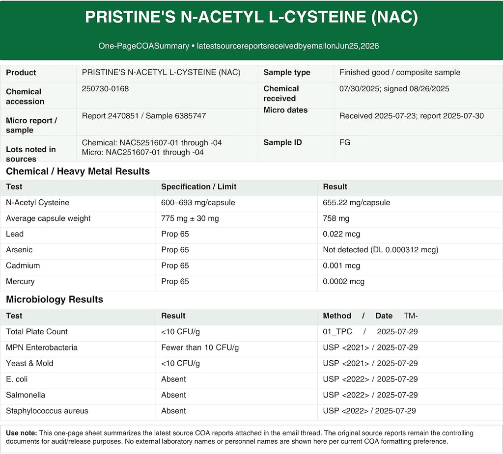 PRISTINE'S NAC 600mg N-Acetyl Cysteine Capsules, Glutathione Support | Glutathione support in a simple NAC capsule routine. Antioxidant support, 60 day supply, vegan, non-GMO, gluten-free