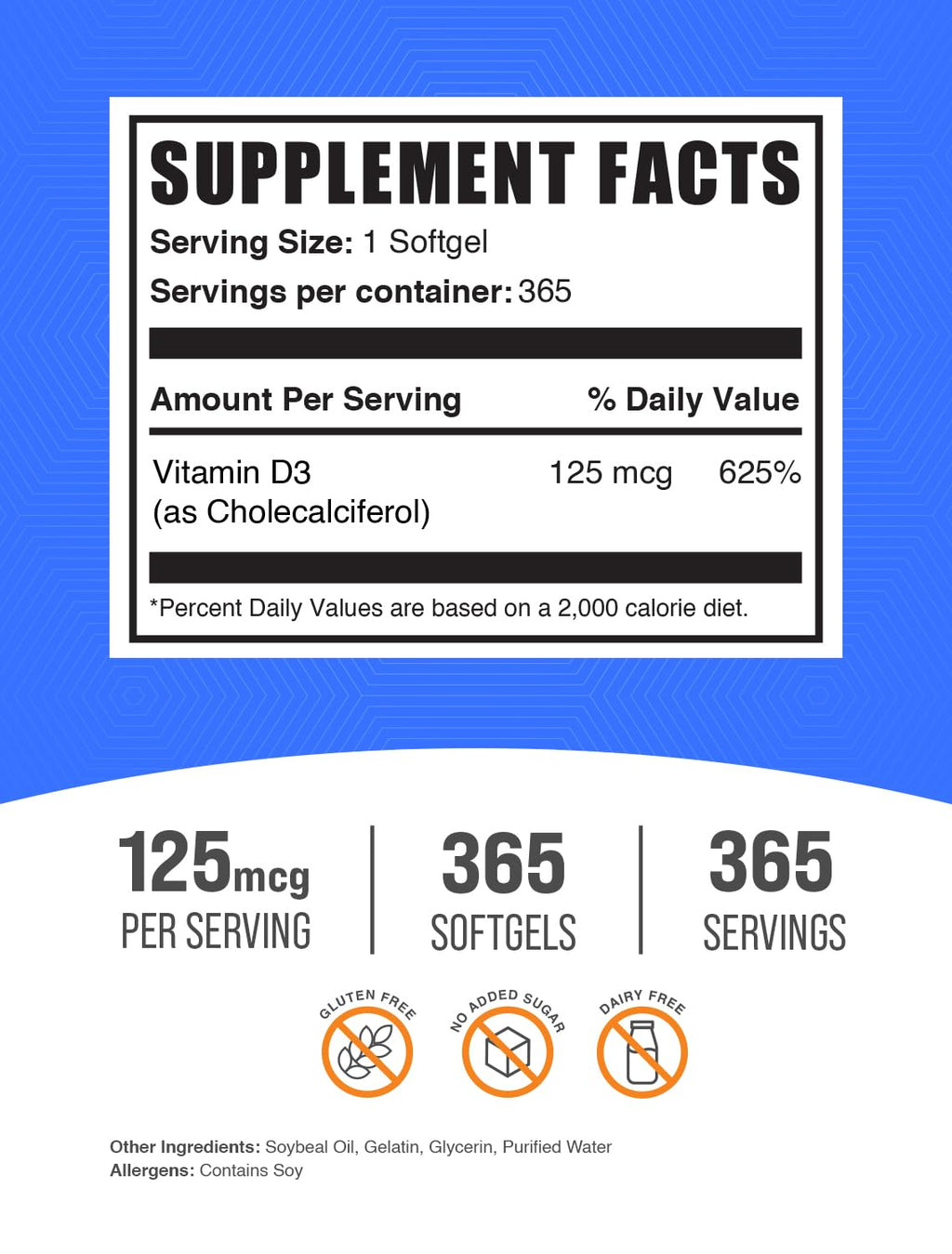 BulkSupplements.com Vitamin D3 5000IU Softgels - Cholecalciferol, D3 Supplement, Vitamin D 5000 IU - 1 Vitamin D3 Softgel (125mcg of Vitamin D) per Serving, 500 Count (Pack of 1)