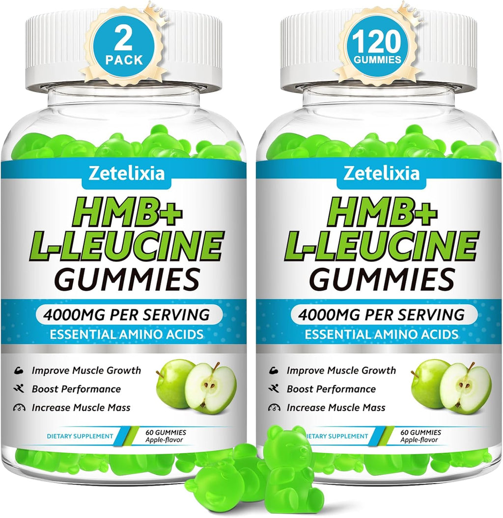 HMB and L-Leucine Gummies, 4000mg HMB and Leucine Supplements Amino Acid Gummies for Men & Women, Support Muscle Growth, Muscle Relief and Workout Recovery, Sugar-Free, Vegan, Apple Flavor, 120 Count
