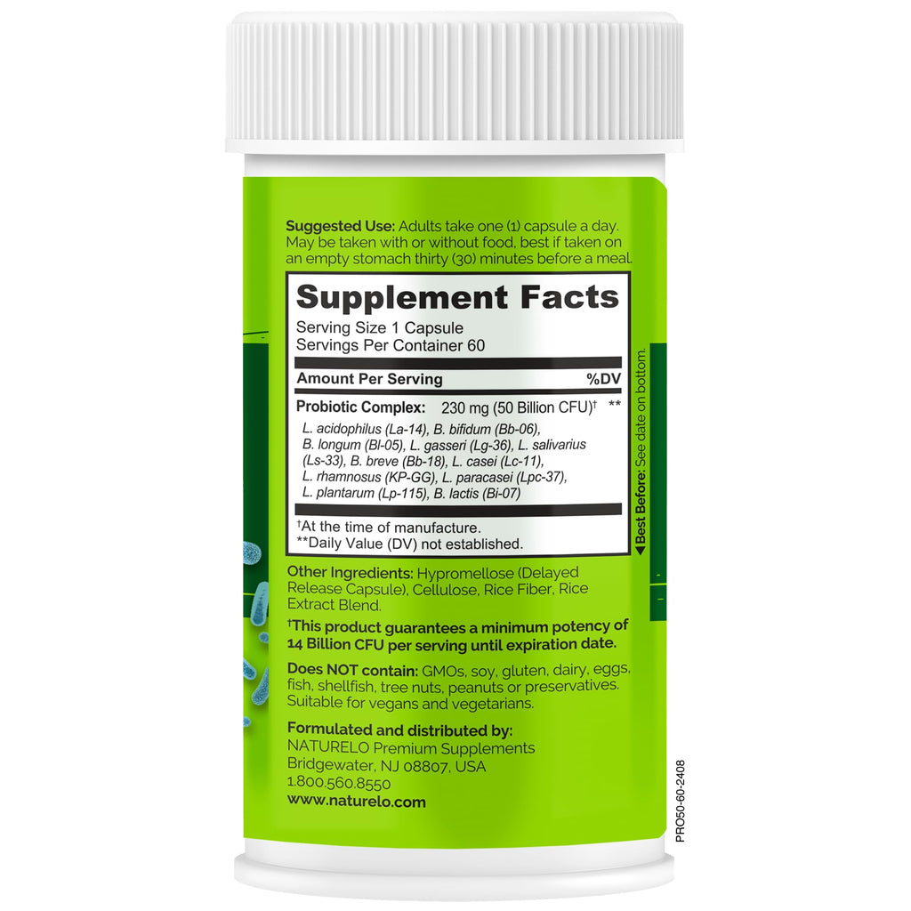 NATURELO Probiotics for Digestive Health, 50 Billion CFU, 60 Vegetarian Capsules, 11 Strains, Daily Use Supplement, Delayed Release, No-Fridge, Boosts Immune System, Probiotics for Women & Men