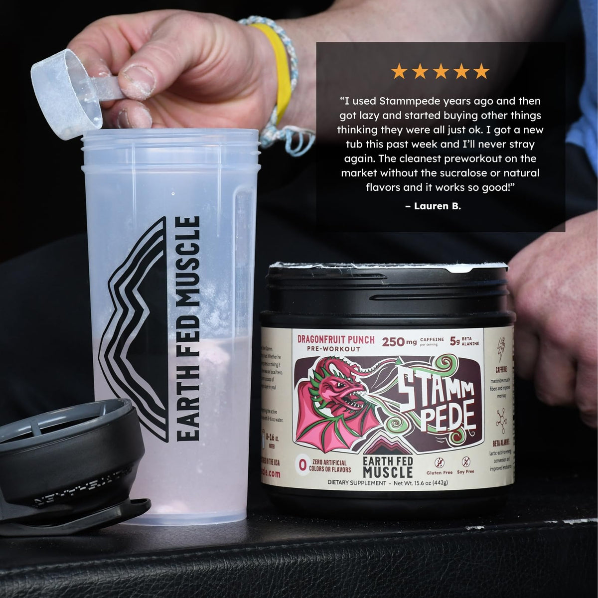 Earth Fed Muscle Stammpede Lemonade Pre Workout, Third-Party Certified. 250mg Caffeine, Lemonade - 5g Beta Alanine, Citrulline Malate, Taurine - Soy Free, Gluten Free - 16 oz, 26 Servings | Third-Party Certified, 250mg Caffeine, 5g Beta Alanine, Citrullin