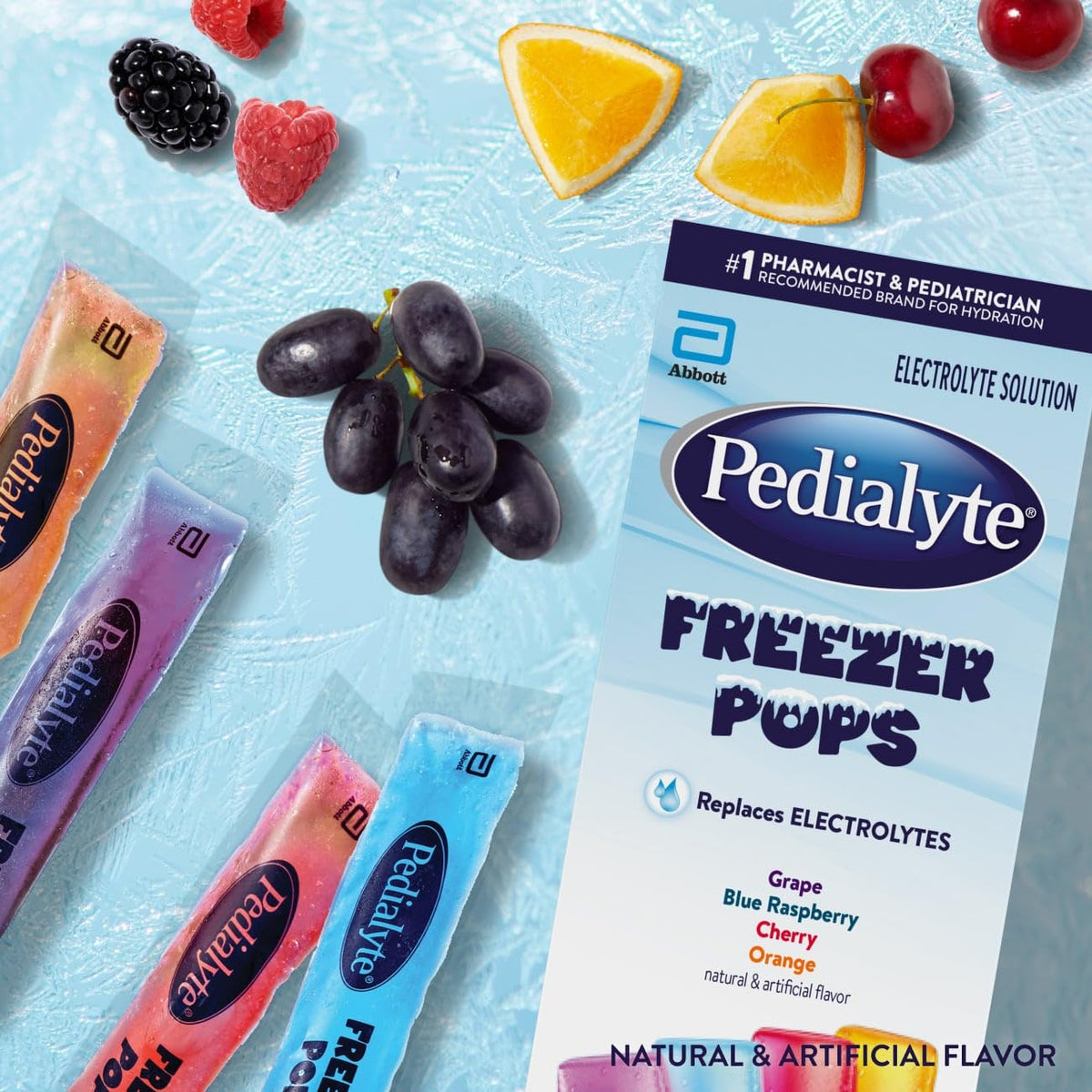 Pedialyte Electrolyte Solution Freezer Pops, Hydration Variety Pack— Grape, Blue Raspberry, Cherry, Orange, Pack of 64